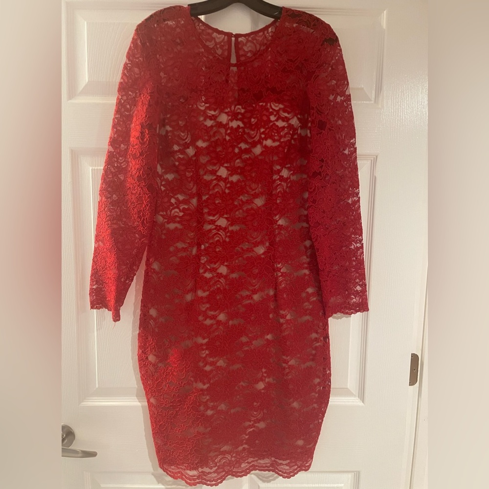 Jax Women’s dress Size 10, red lace over nude lining worn once.